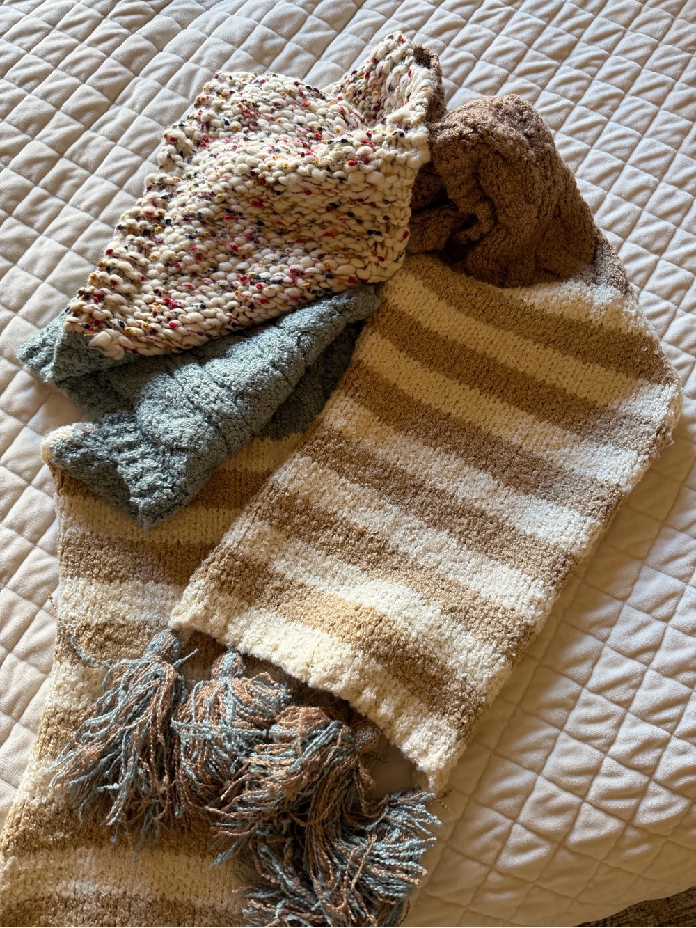 Free People Neutral Striped Knit Scarf with Blue-Green Accents